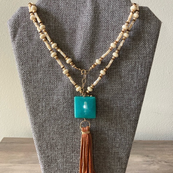 Artisan Jewelry - Shell Necklace with Glass Pendant and Leather Tassel